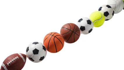A diagonal line of various sports balls including football basketball soccer tennis and baseball isolated on transparent background