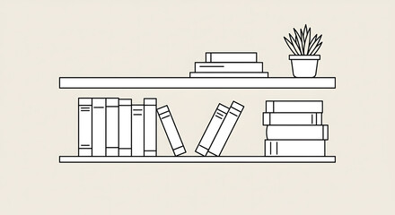 Minimalist outline illustration of books and a plant on floating wall shelves. Clean vector graphic for home or office decor.