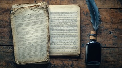 a vintage flat lay of U.S. Constitution pages, an ink bottle, and a feather quill arranged on an aged wooden table with soft shadows