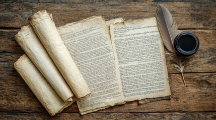 a vintage flat lay of U.S. Constitution pages, an ink bottle, and a feather quill arranged on an aged wooden table with soft shadows