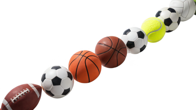 A diagonal line of various sports balls including football basketball soccer tennis and baseball isolated on transparent background