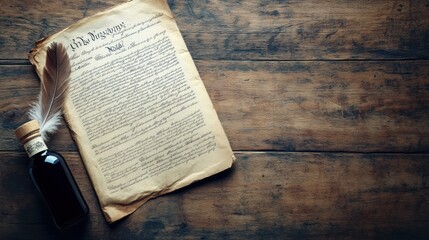 a vintage flat lay of U.S. Constitution pages, an ink bottle, and a feather quill arranged on an aged wooden table with soft shadows