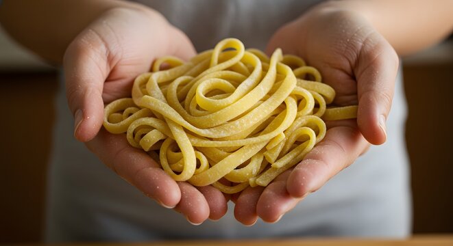 Pasta Offering: A close-up shot of hands delicately cradling a nest of freshly made pasta, the raw ingredients for a comforting and flavorful dish.