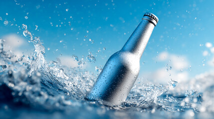 3D render of a silver beer bottle with a cap, floating on water against a blue sky background