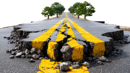 Cracked Road to a New Journey: A dramatic depiction of a fractured road with vibrant yellow lines, symbolizing the unpredictable nature of life's journey and the need for resilience.