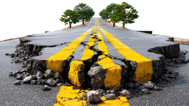 Cracked Road to a New Journey: A dramatic depiction of a fractured road with vibrant yellow lines, symbolizing the unpredictable nature of life's journey and the need for resilience.