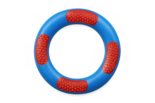 Studio shot of colorful rubber ring toy with textured grips, isolated on transparent background