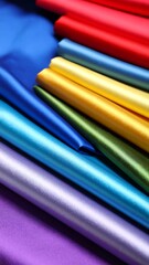 Colorful satin fabrics stacked in rainbow hues