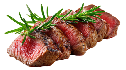 Succulent Slices of Grilled Beef: A tantalizing close-up reveals perfectly grilled beef slices, artfully adorned with fresh rosemary sprigs.