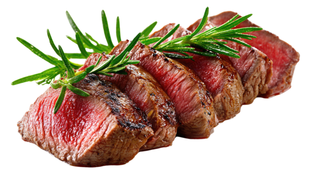 Succulent Slices of Grilled Beef: A tantalizing close-up reveals perfectly grilled beef slices, artfully adorned with fresh rosemary sprigs.