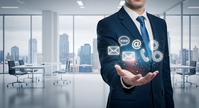 Business Communication Technology: A sharply dressed professional, presents an array of interconnected communication icons, suggesting a network of digital correspondence. - Powered by Adobe