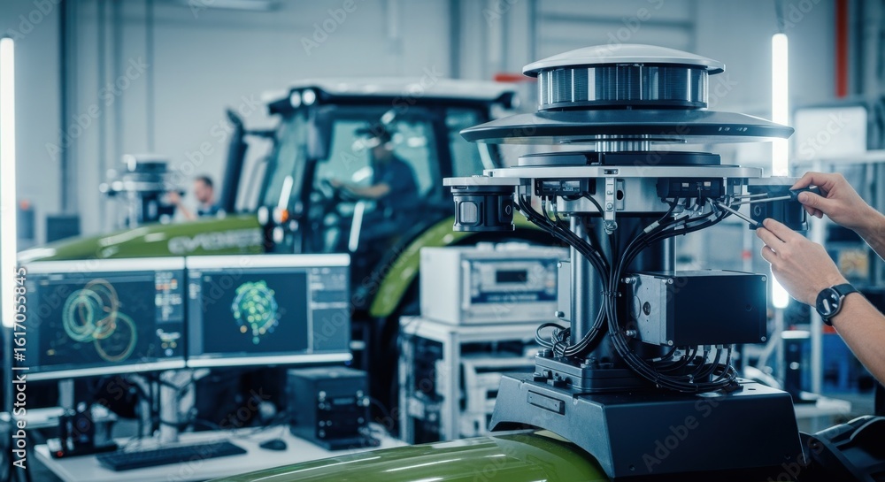 Poster selfdriving tractor system integration setup with focus on lidar mast wiring and sensor alignment in