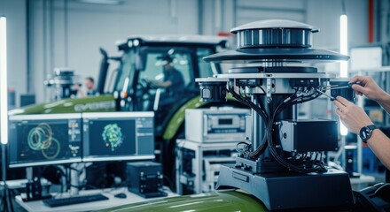 Selfdriving tractor system integration setup with focus on lidar mast wiring and sensor alignment inside a tech innovation lab.