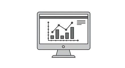 Grayscale vector illustration of a desktop computer screen displaying a financial performance report with a bar and line graph.