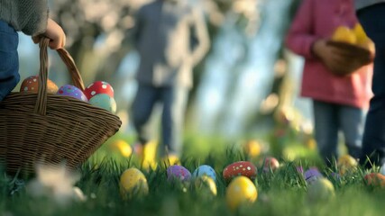 Easter egg hunt with children looking for colored eggs in the grass. - Powered by Adobe