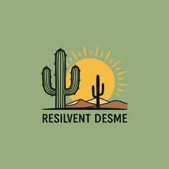 Stylized desert landscape logo with saguaro cacti and a setting sun.
