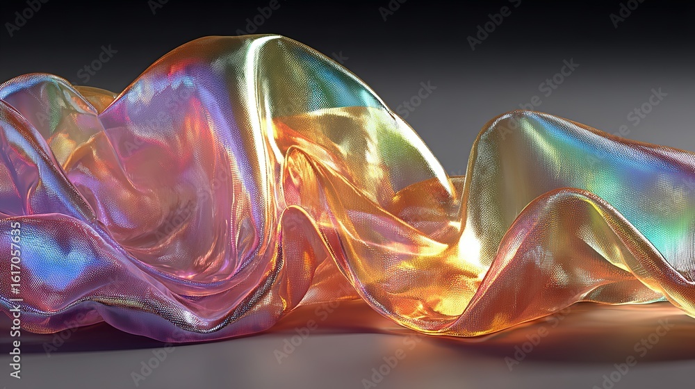 Poster iridescent fabric drape: abstract 3d render of shimmering, flowing textile with dynamic light and sh