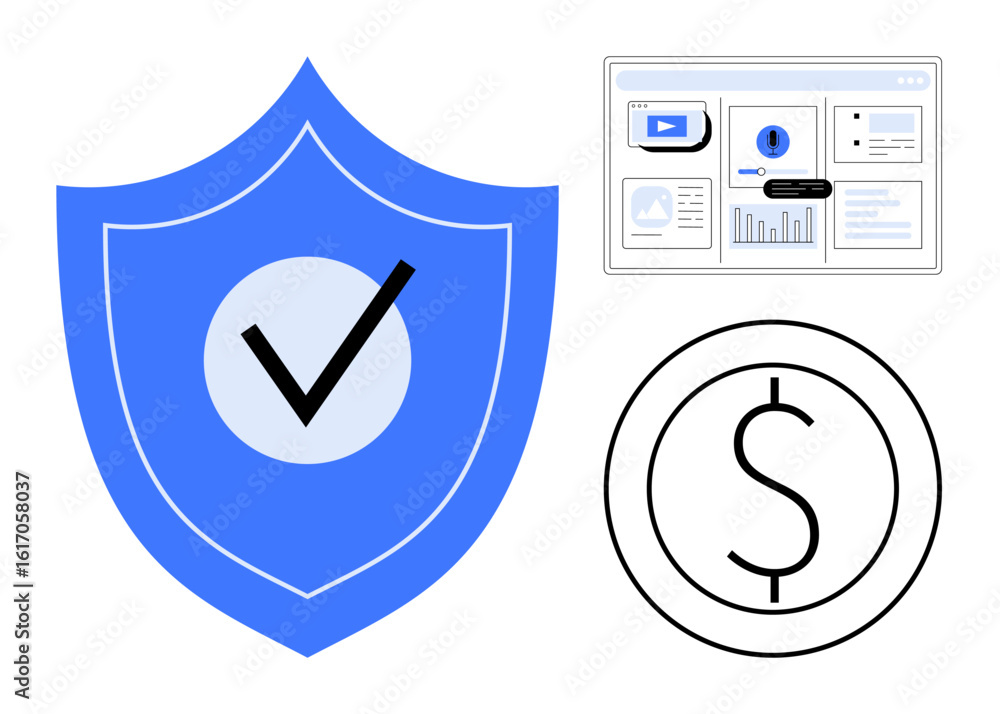 Poster blue shield with checkmark symbolizing security, digital coin for finance, and analytics dashboard. 