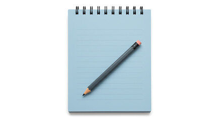 Minimalist blue spiral notepad with a graphite pencil, an essential office supply for taking notes, journaling, or planning. Isolated on white.
