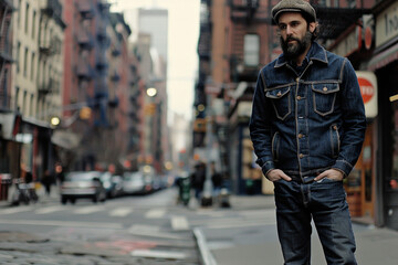 Fototapeta premium A Raw Denim (Dry Denim) jacket refers to denim that hasn’t been washed or treated after dyeing, giving it a stiff, deep indigo appearance and a clean, untouched texture