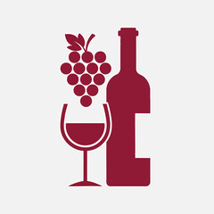 A stylized illustration of a wine bottle glass and grapes in a deep red hue.