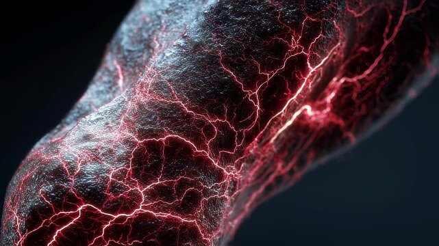 Detailed macro shot of human calf muscle showing involuntary twitches and redness caused by heatinduced electrolyte depletion.