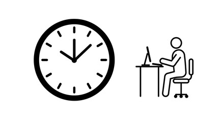 Simple outline icons of a person at an office desk and a clock, symbolizing work hours, time management, and business deadlines.