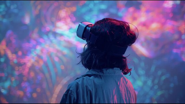 Young woman wearing VR headset interacts with vibrant, colorful virtual environment, symbolizing technological advancement and futuristic entertainment.