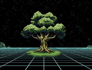 Pixelated tree in futuristic grid landscape
