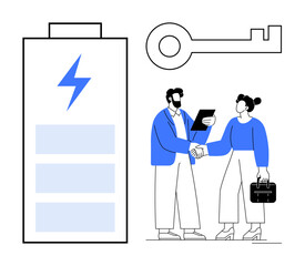 Professionals shaking hands beside battery and key, representing energy, agreement, and solutions. Ideal for business, collaboration, innovation, renewable energy, empowerment strategy partnership