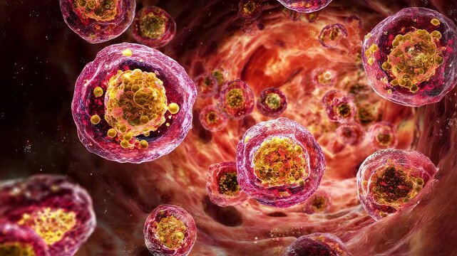 3D medical visualization of marrow cavity showing defective precursor cells undergoing selfdestruction emphasizing impaired blood formation.