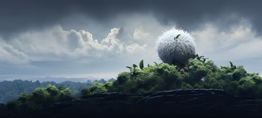 A haunted gothic lychee perched on a wind-swept hill art, generative ai