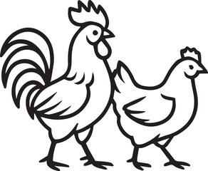Rooster and Hen Walking Together – Black and White Minimalist Vector Pair