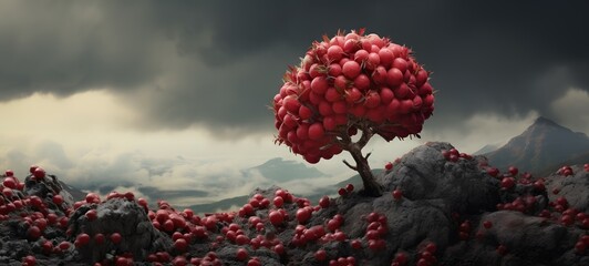 A haunted gothic lychee perched on a wind-swept hill art, generative ai