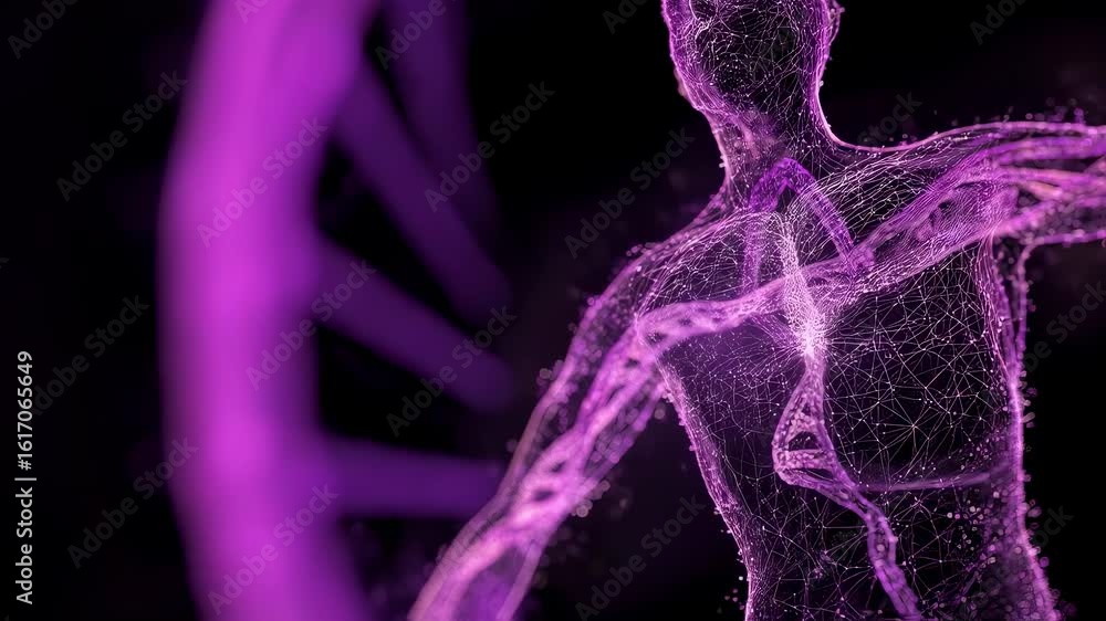 Poster abstract body outline filled with pulsating purple dna strands fracturing and sparking highlighting 