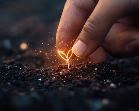 A hand is spering a small plant with a bright light