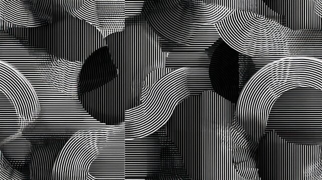Abstract geometric shapes with parallel lines, grayscale, creating a textured, depth effect
