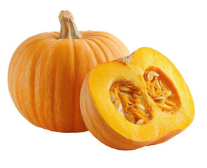 Whole and halved mini pumpkin, vibrant orange