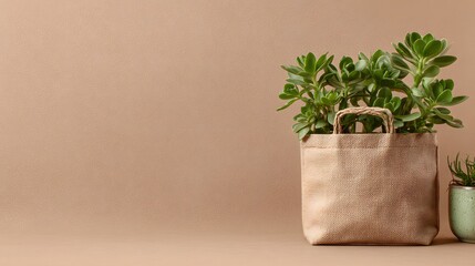 Fototapeta premium Jute tote bag with succulent plant arrangement.