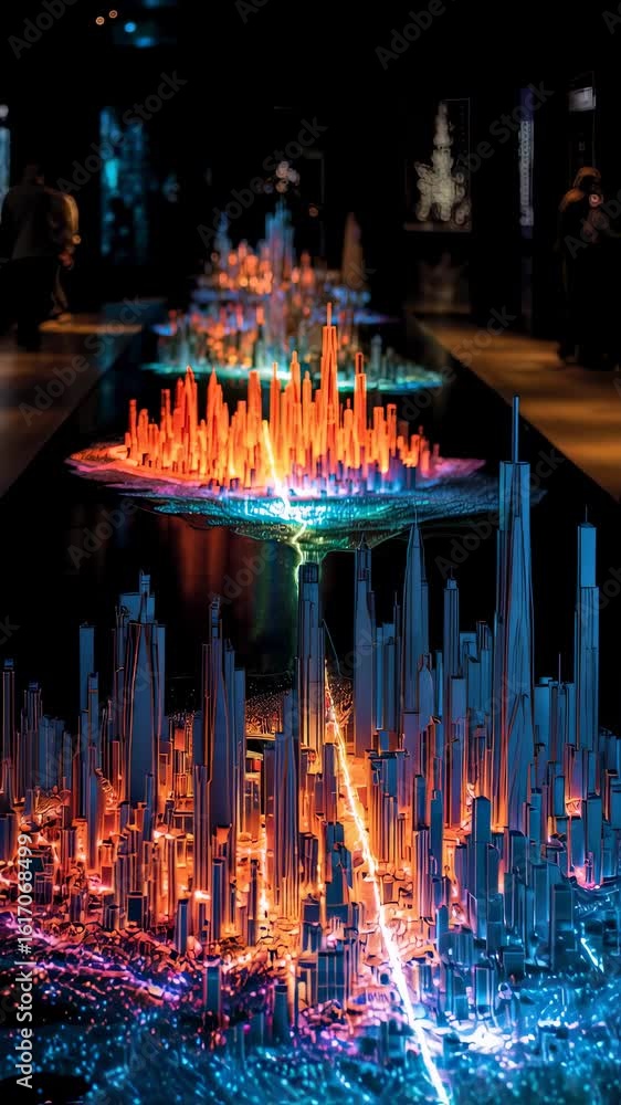 Poster striking light patterns illuminate an advanced city model depicting a dynamic interplay of digital i