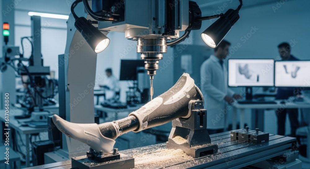 Poster industrial milling machine carving intricate details on a lightweight prosthetic leg prototype in ad