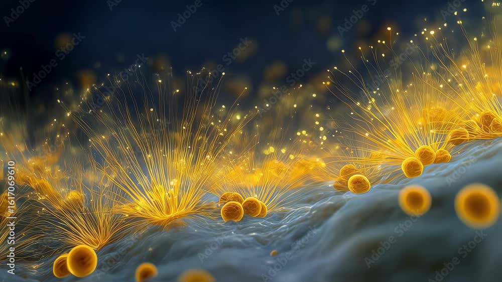 Poster graphic simulation showing intestinal epithelial cells deteriorating under attack from potent bacter