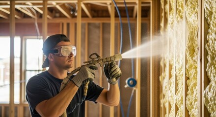 Home construction worker enhancing wall insulation with polyurethane spray.
