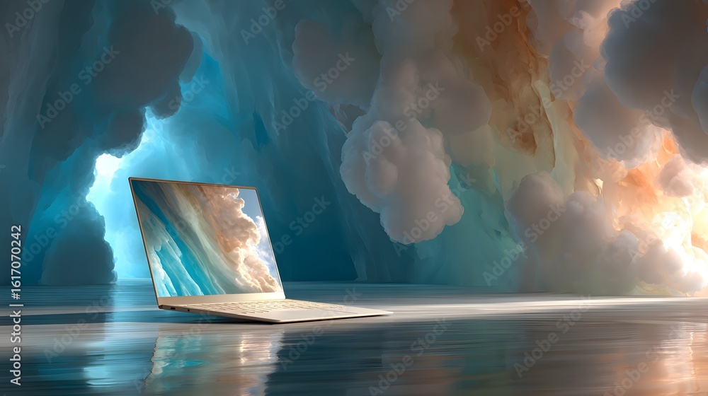 Poster laptop computer displayed in a stylized ice cave setting.