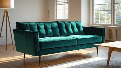 Fototapeta premium Teal velvet sofa with tufted cushions in a modern living room.