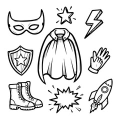 Obraz premium Superhero Costume Set: Mask, Cape, Shield, Boots, Lightning Bolt, Star, Rocket, Gloves, Explosion