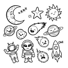 Adorable Cartoon Astronauts and Space Elements: Happy Planets, Comets, and a Sleeping Moon