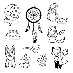 Fototapeta premium Whimsical Boho-Inspired Line Art Collection with Animals and Celestial Elements