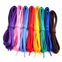Colorful shoelaces arranged on a white background