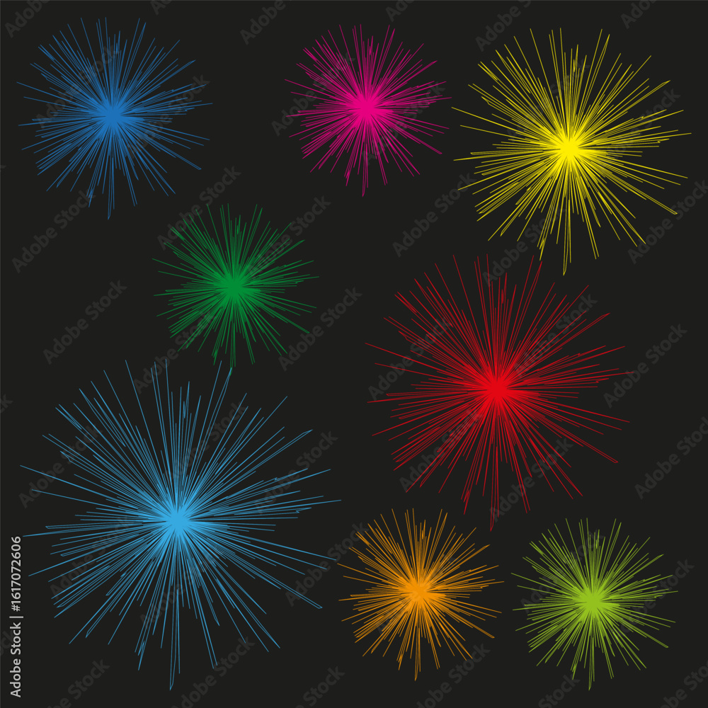 Poster abstract spark elements. colorful burst shapes. dynamic glow vector. dark background illustration.